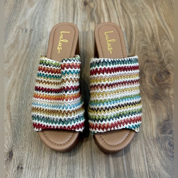 Lulus Laryssa Beige Multi Woven Peep-Toe Platform Mules - Size 8 NWOT - Picture 4 of 7